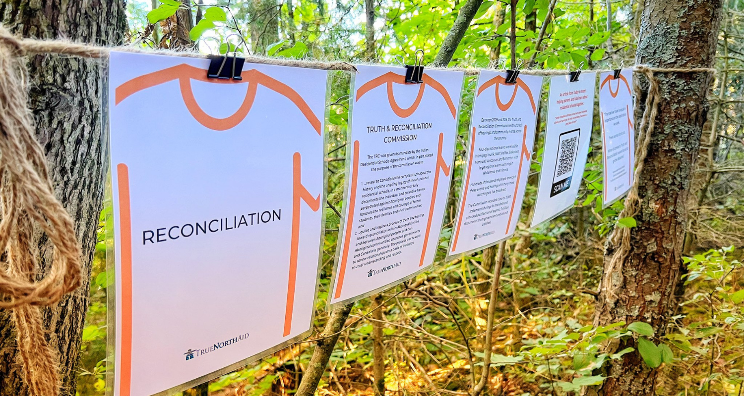information on pages hung up on a string in a forest