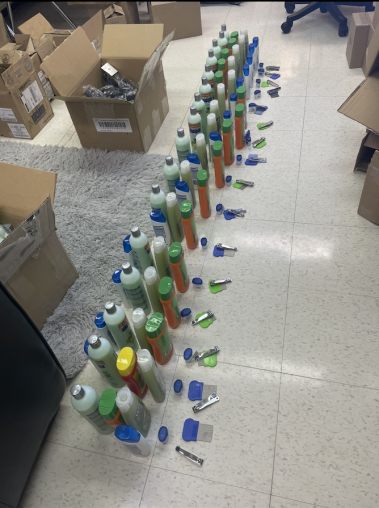 Personal hygiene supplies lined up in a row