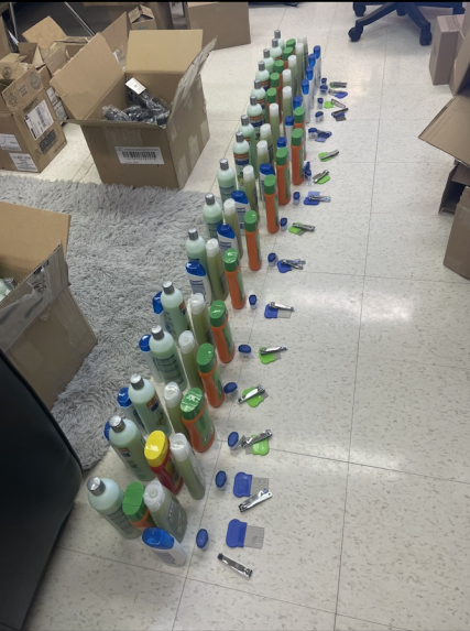Personal hygiene supplies lined up in a row